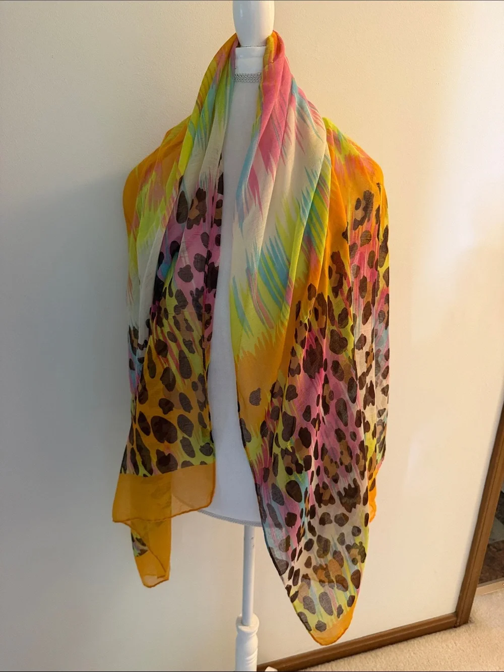 Lightweight Multicolor Leopard Print Scarf - Yellow, Pink & Green